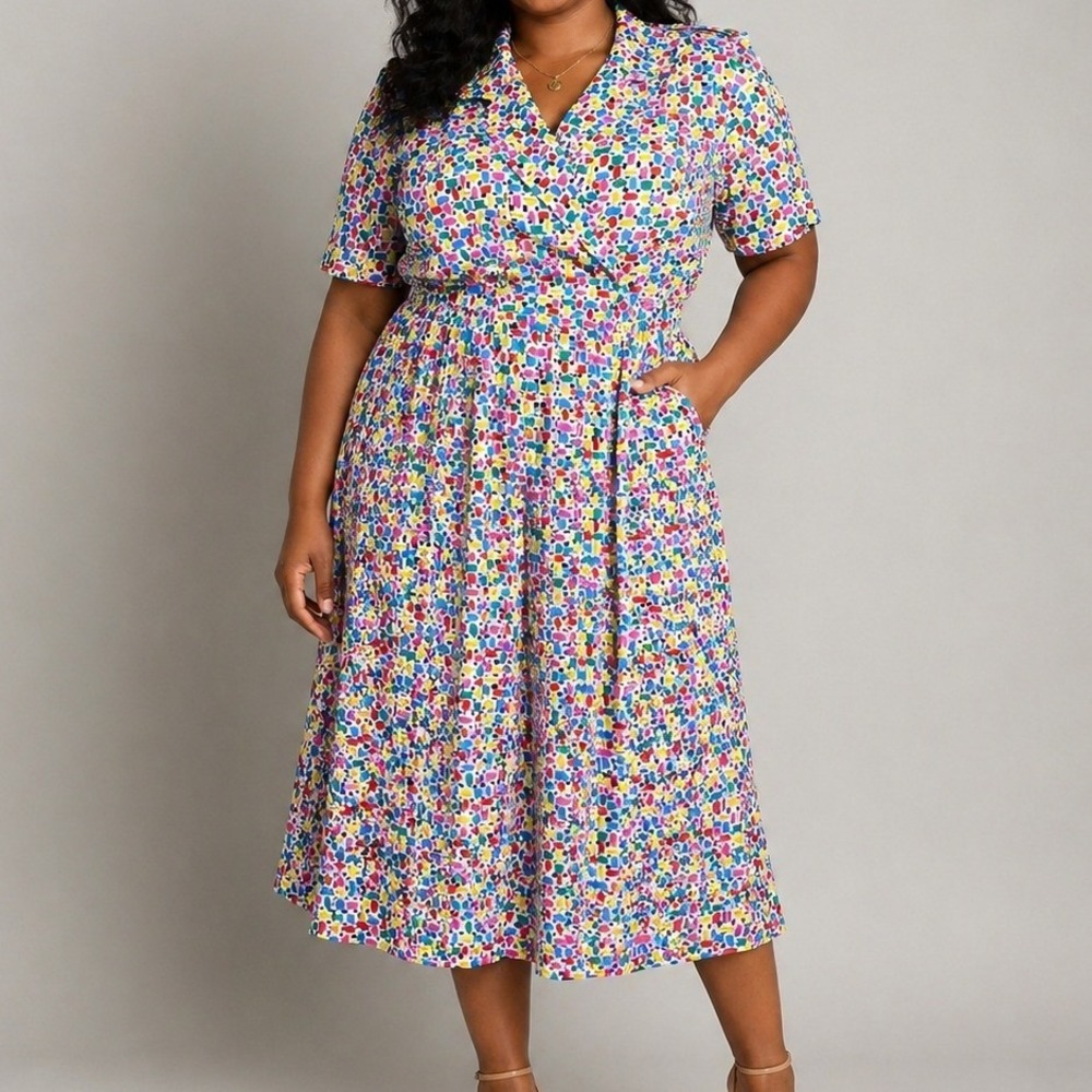 Vintage 80s Liz Roberts Abstract Print Midi Dress‎ Colorful Wrap Style 12